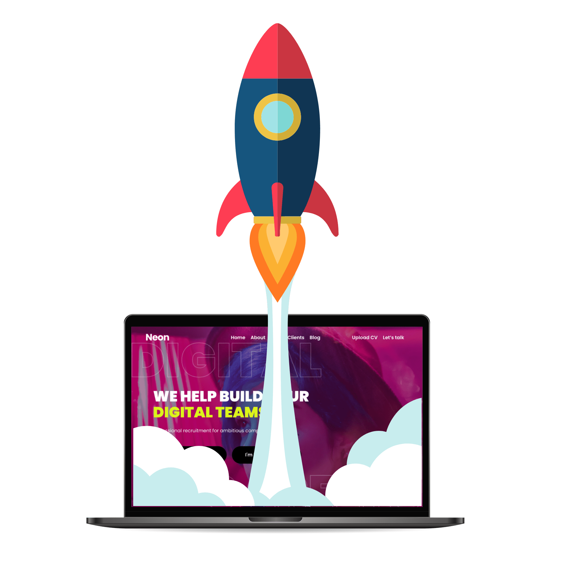 Image showing rocket flying out laptop to represent recruitment website design SEO.