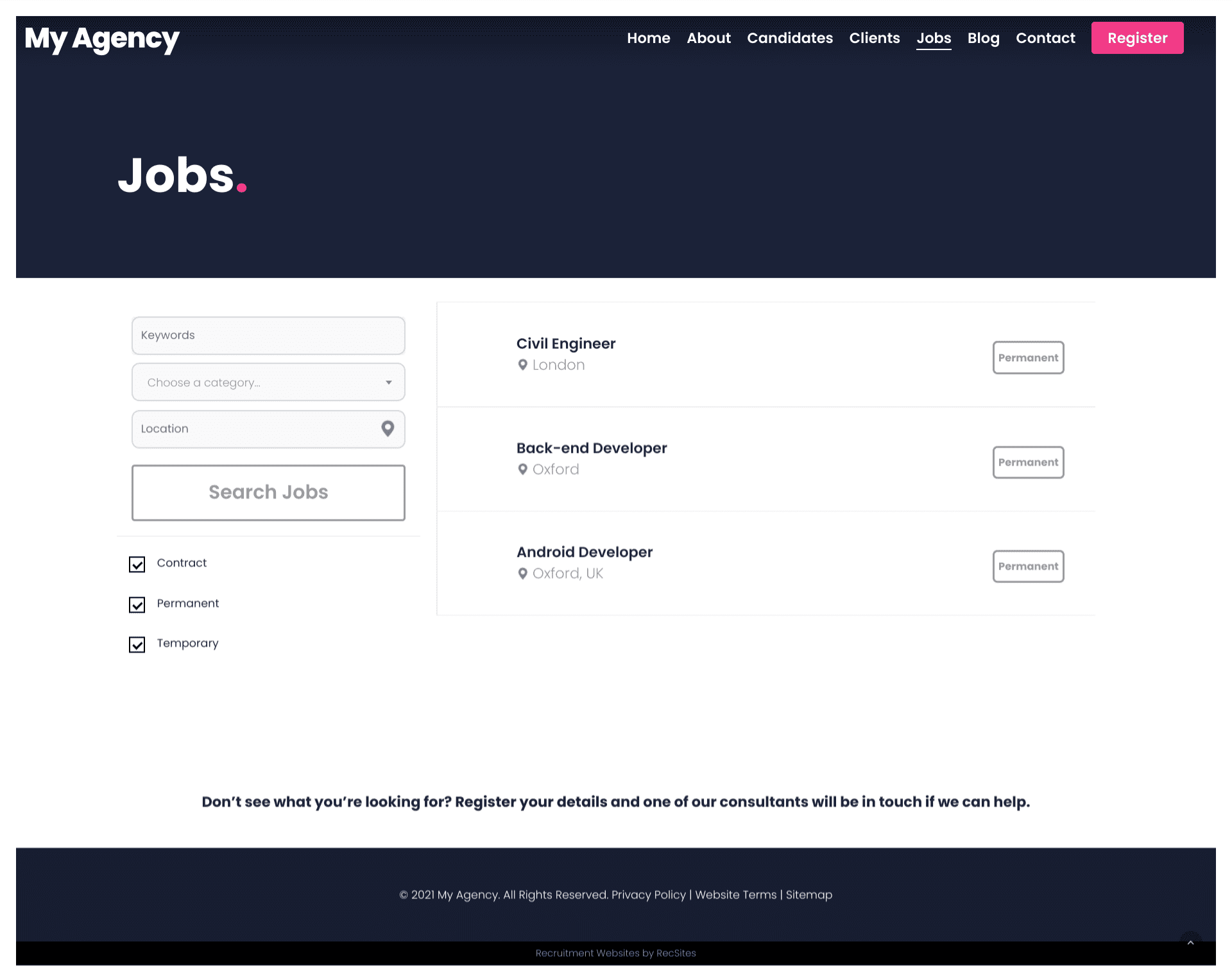 Recruitment website design job list page.