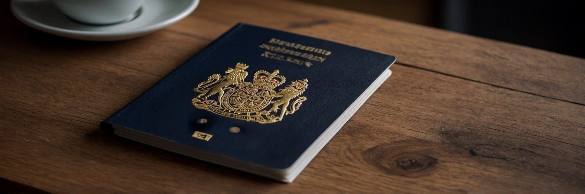 British passport placed on a wooden desk next to a coffee cup, representing identity verification for a DBS check process. British passport placed on a wooden desk next to a coffee cup, representing identity verification for a DBS check process.