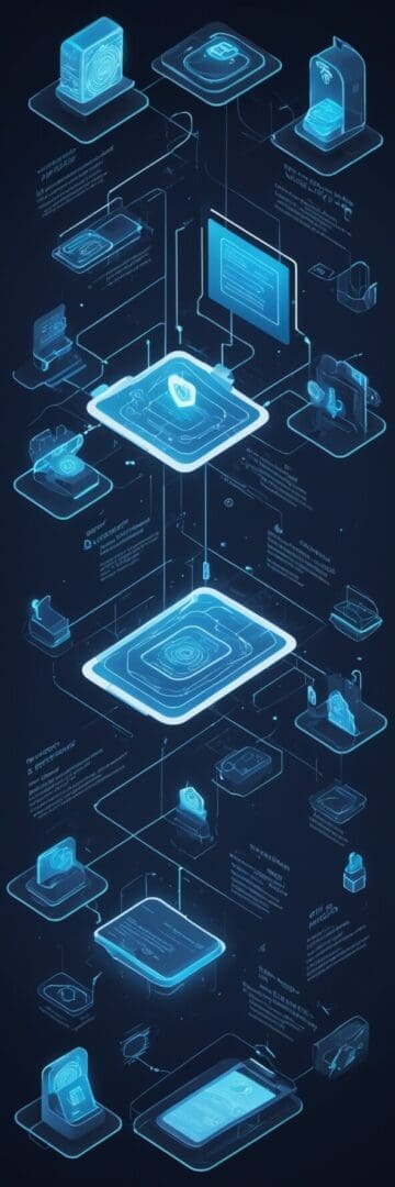 Futuristic, tech-inspired infographic showcasing a digital verification process with interconnected glowing icons, including ID cards, fingerprint scanners, checkmarks, and secure padlocks, all in neon blue on a dark background.