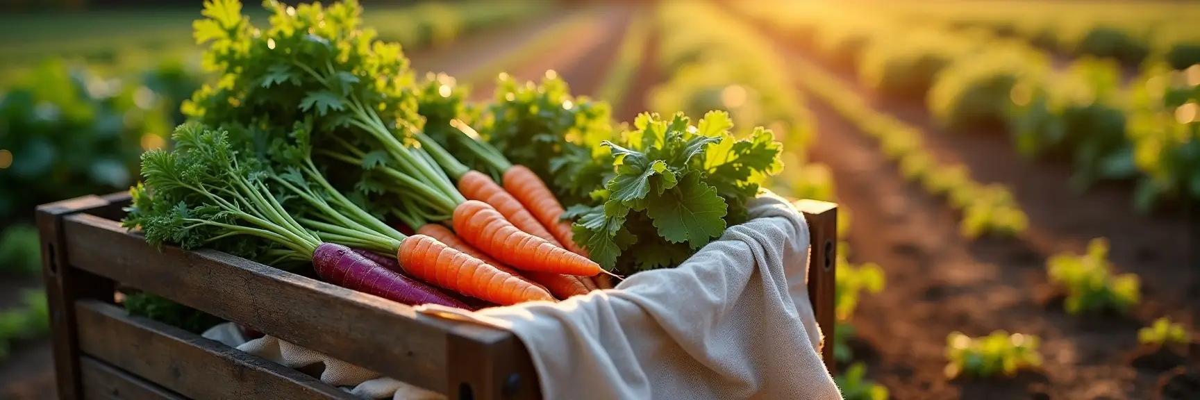 Photorealistic image of freshly harvested organic vegetables in a rustic wooden crate placed on a farm field. The crate is filled with vibrant orange and purple carrots, complete with leafy green tops, alongside fresh parsley and leafy greens. A beige linen cloth is draped over the side of the crate, adding a touch of texture. The background reveals neat rows of crops stretching into the distance, softly blurred, with warm golden sunlight streaming through, casting a natural glow over the scene. The setting evokes a serene early morning harvest, emphasizing farm-to-table practices and sustainable agriculture.