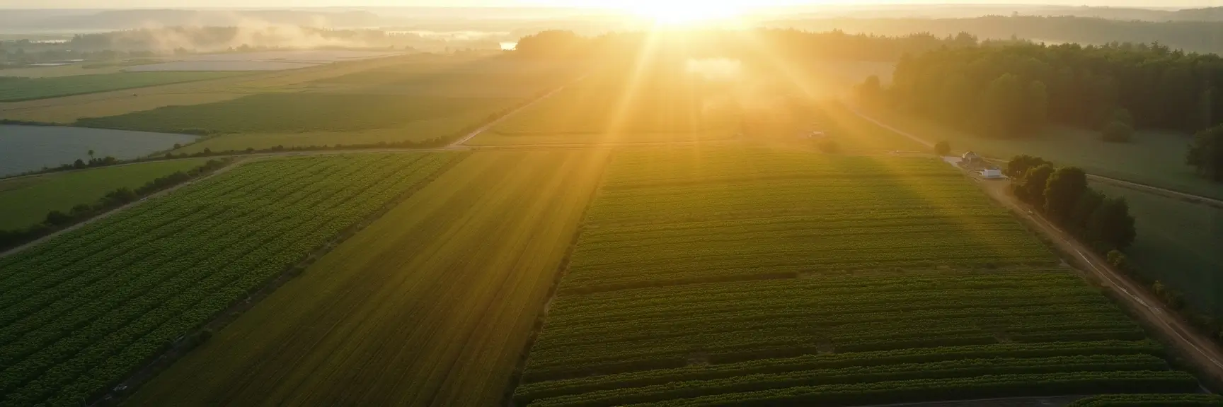 Photorealistic aerial view of expansive farmland captured at sunrise. The image showcases vast, neatly cultivated fields bathed in golden sunlight, with long shadows stretching across the landscape. Rays of sunlight break through a light morning mist, creating a warm, ethereal glow. A dirt road cuts through the fields, leading towards a cluster of trees and a small farmhouse on the right side of the image. In the distance, rolling hills and patches of forest frame the horizon, emphasizing the peaceful, rural setting. The scene highlights the beauty of sustainable agriculture and the natural environment.