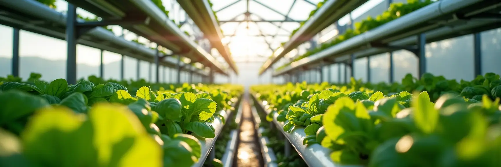 hotorealistic image of a modern greenhouse interior filled with rows of vibrant green leafy vegetables. The scene features a hydroponic farming system with plants growing in elevated white troughs, supported by metal frames. Sunlight streams through the glass-paneled ceiling, creating a warm, natural glow and highlighting the fresh leaves. The perspective focuses on the lush produce in the foreground, with the rows of plants leading towards the bright light at the far end, evoking a sense of depth. The clean, minimalist design of the greenhouse emphasizes sustainable, farm-to-table practices.