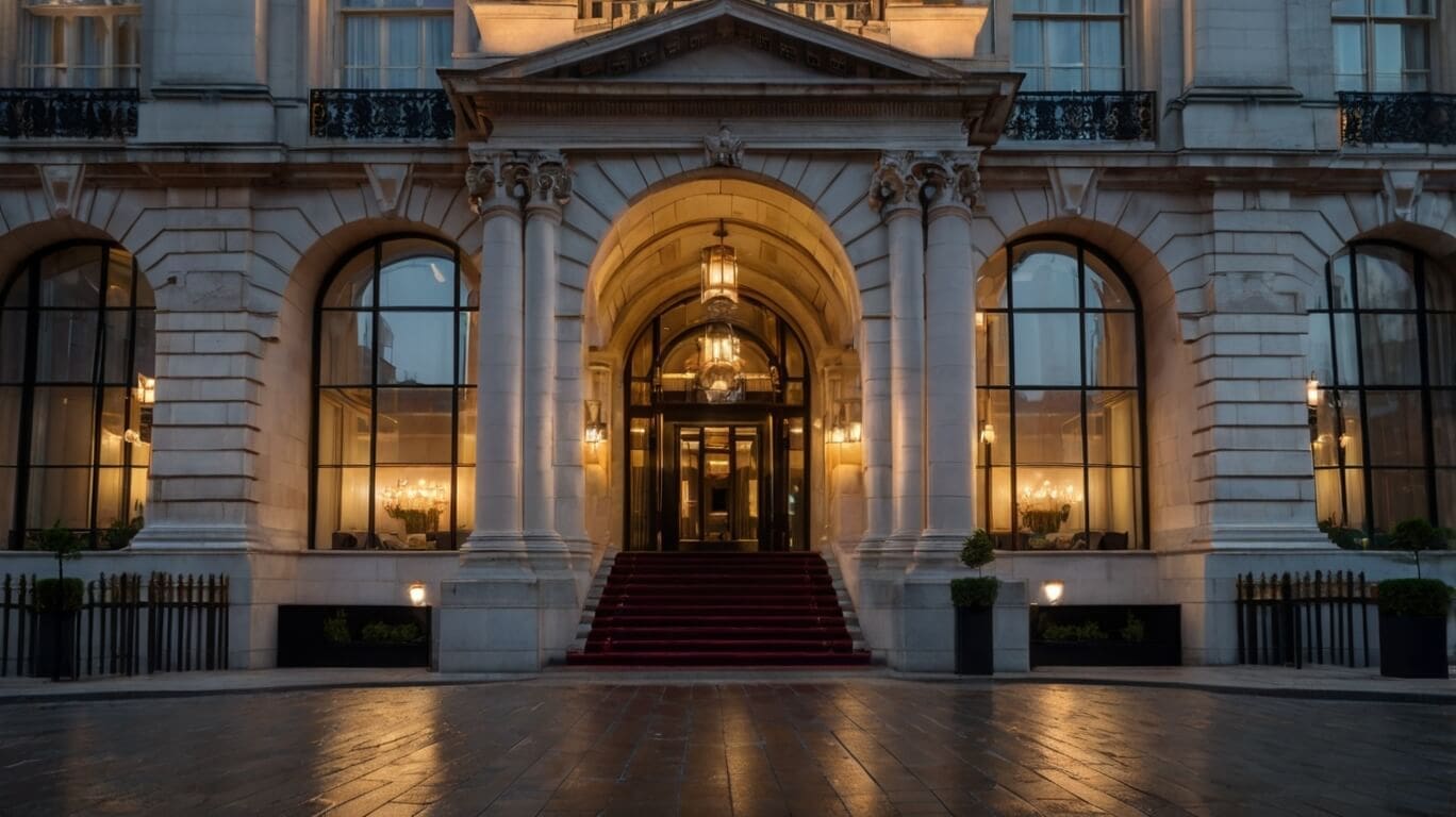 Luxury five-star hotel in London with a grand neoclassical entrance, arched windows, Corinthian columns, and a red-carpeted staircase illuminated by warm golden lighting