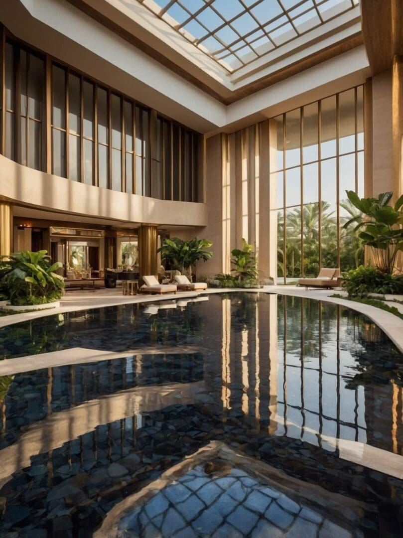 uxury hotel resort indoor pool area with modern architecture, floor-to-ceiling windows, tropical plants, and elegant lounge chairs under a glass ceiling.