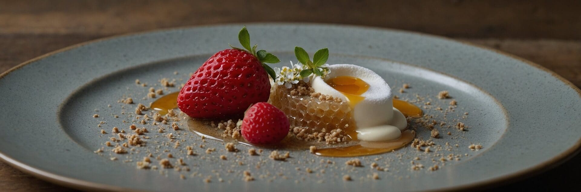 Macerated alpine and Gariguette strawberries infused with woodruff sugar, served with raw milk ice cream, honeycomb, elderflower gel, and buckwheat crumb, garnished with edible flowers on a rustic ceramic plate.