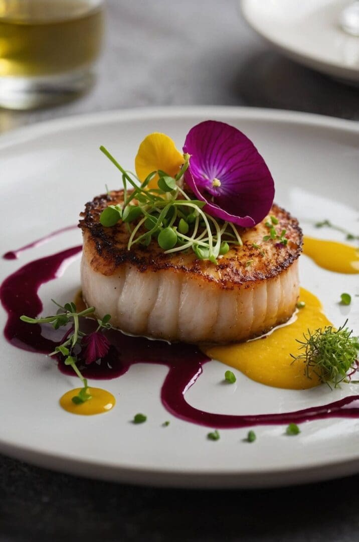 A photorealistic close-up of a beautifully plated Michelin star dish featuring a perfectly seared scallop with a golden-brown crust. The scallop sits atop vibrant yellow cauliflower purée, accented with a drizzle of deep purple beetroot reduction. Delicate microgreens and colorful edible flowers garnish the top, adding a pop of color and texture. Small dots of yellow purée and fresh herbs are artfully scattered around the white ceramic plate.