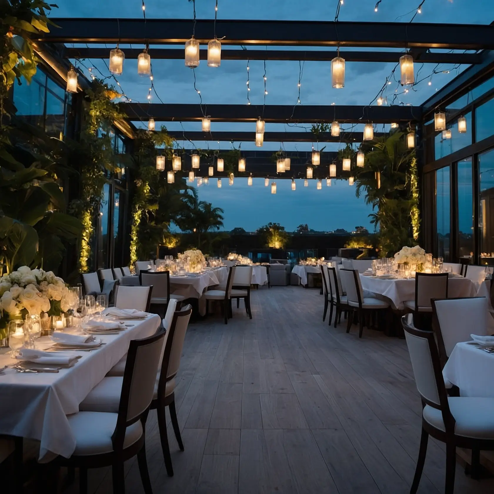 Photorealistic image of an elegant rooftop dining area at a private members club during the evening. The setting features white-linen-covered tables adorned with floral centerpieces and candlelit arrangements. String lights and hanging lanterns illuminate the space, creating a warm, inviting ambiance. Modern chairs with white cushions surround the tables, while lush greenery and palm trees add a touch of nature. Floor-to-ceiling glass panels enclose the area, offering panoramic views of the skyline against the twilight sky