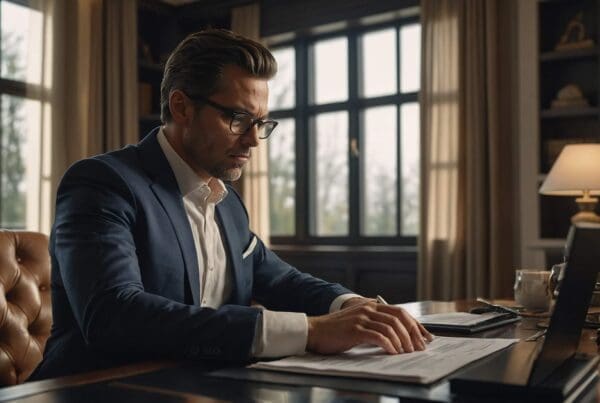 ell-dressed household manager in a luxury home office, reviewing documents at a wooden desk with a laptop, leather chair, and large windows in the background.