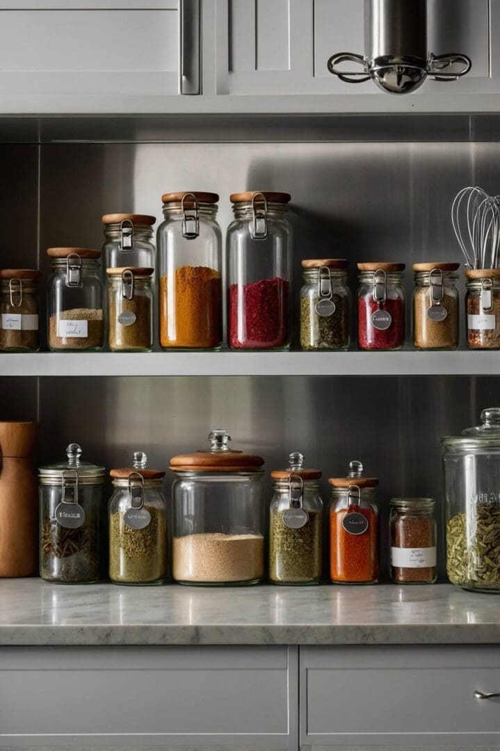 Organised kitchen shelves with glass jars filled with colorful spices and herbs, featuring wooden lids and metal clasps, set against a stainless steel backsplash.