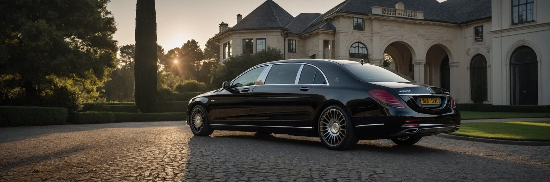 A luxury black Mercedes-Benz sedan parked on a cobblestone driveway in front of an elegant private estate. The car features tinted windows, chrome detailing, and a personalized license plate. Lush greenery and tall trees surround the estate, with the sun setting in the background, casting a warm glow over the scene.