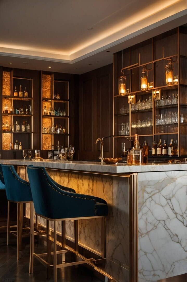 A photorealistic image of a luxurious restaurant bar area featuring a white marble countertop with elegant gold veining and warm underlighting. Plush teal velvet bar stools with gold stud detailing are positioned along the bar.