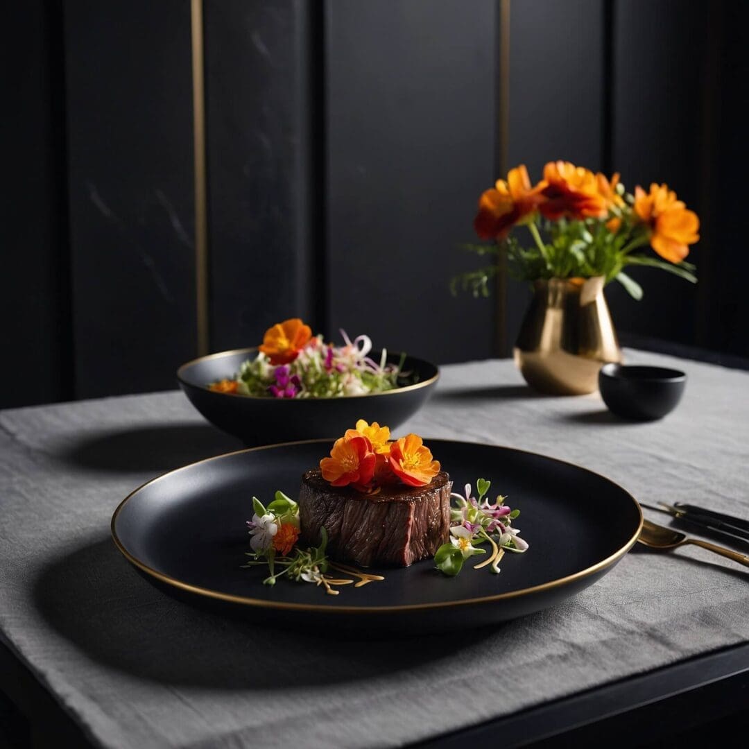 Gourmet plated dish featuring a perfectly cooked filet mignon garnished with vibrant edible flowers and microgreens, served on an elegant black plate with gold trim, set on a sophisticated dining table.