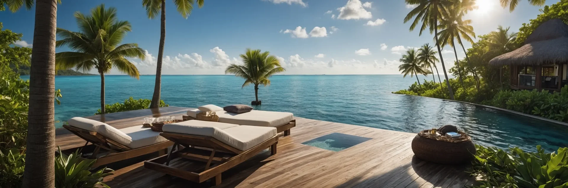 This image showcases a luxurious island resort setting featuring a stunning infinity pool that seamlessly blends with the turquoise ocean waters beyond. In the foreground, there's a beautifully designed wooden deck with two elegant lounge chairs topped with plush white cushions. The deck extends out toward the water, creating a perfect relaxation space. Palm trees frame the scene, providing natural shade and tropical ambiance. The bright blue sky is dotted with fluffy white clouds, and the scene is bathed in golden sunlight, suggesting it's taken during the perfect time of day for relaxation. To the right side of the image, partially visible is what appears to be a thatched-roof villa or cabana, integrated into the lush tropical vegetation that surrounds the property. The overall scene perfectly captures the essence of exclusive island luxury - privacy, natural beauty, and sophisticated comfort in a paradisiacal setting. This type of imagery would be ideal for promoting high-end resort positions in your island resort recruitment materials, as it conveys the exceptional environment where hospitality professionals would be working.