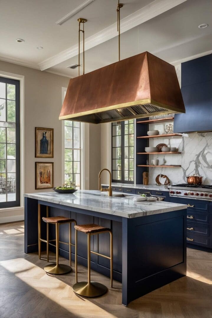 Luxury kitchen with navy blue cabinetry, a marble island countertop, brass fixtures, and a large copper range hood. Two bar stools with brass frames sit by the island, with natural light streaming through tall windows.