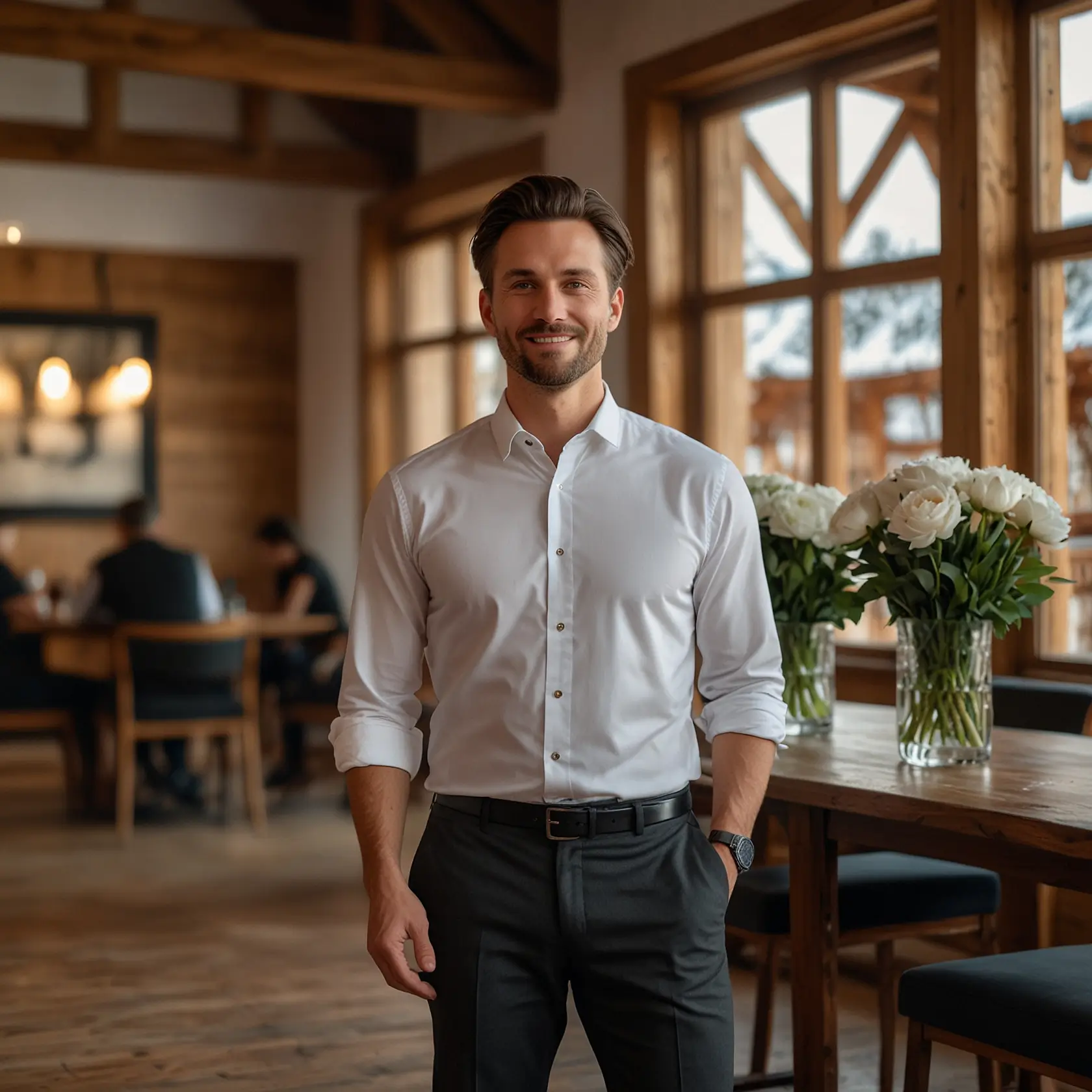 The image shows a professional-looking man in a luxurious chalet setting. He's wearing a crisp white button-down shirt with rolled sleeves and dark trousers with a belt, creating a smart-casual appearance perfect for a high-end hospitality environment. He's standing next to a wooden table that has a vase of white flowers (appears to be peonies or roses) on it. The background features the warm wooden architecture typical of luxury alpine chalets, with exposed wooden beams and large windows that let in natural light. Through the windows, there appears to be a snowy mountain setting. The interior has a sophisticated yet cozy ambiance with wooden elements throughout. In the background, there's a seating area where other people appear to be seated at tables, suggesting this is a communal area of the chalet, perhaps a dining or lounge space. This image would work well for your recruitment website as it presents a professional who embodies the polished, approachable appearance expected of luxury chalet staff while showcasing the beautiful environment in which they work.