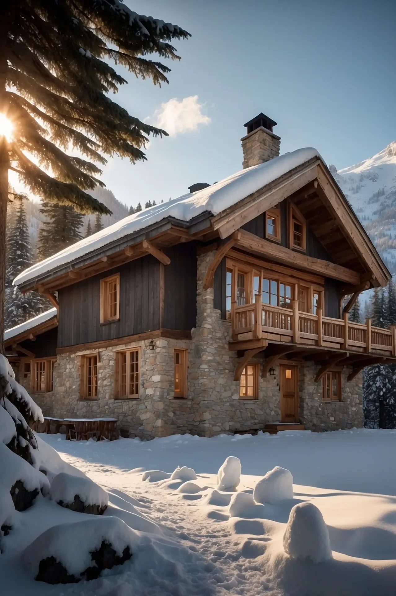 This image shows a beautiful alpine chalet nestled in a snowy mountain landscape. The luxury cabin features a mix of traditional stone and wooden architecture with a pitched roof covered in fresh snow. Large windows with wooden frames reflect warm light from inside, suggesting a cozy interior. The chalet is surrounded by deep snow with a visible pathway leading to the entrance. In the background, snow-covered mountains rise majestically against a clear blue sky. To the left, tall evergreen trees with snow-laden branches frame the scene, with sunlight filtering through them creating a golden glow. The scene captures the essence of a high-end winter retreat in a serene mountain setting, possibly in the Alps or another premium ski destination. The warm light emanating from the windows creates a striking contrast with the cool blues and whites of the snowy landscape.
