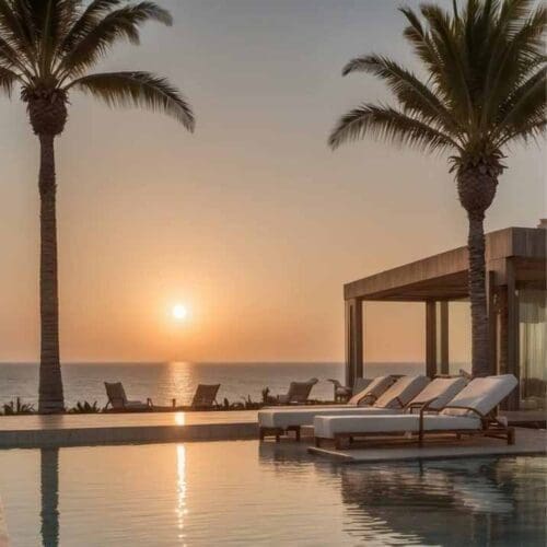 A stunning luxury resort setting with an infinity pool reflecting the golden hues of sunset. Plush white sun loungers are arranged beside the pool, complemented by a sleek, modern cabana with floor-to-ceiling glass windows. Towering palm trees frame the view of the ocean, creating an exclusive, serene atmosphere. This high-end hospitality scene embodies relaxation, elegance, and world-class resort living