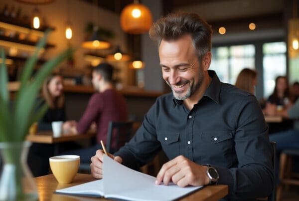 "A friendly restaurant or hotel owner sitting at a stylish café table, reviewing paperwork with a warm cup of coffee beside them. They are smiling naturally while looking down at their notes, with a relaxed hospitality venue in the background filled with guests enjoying their experience. The atmosphere is warm and inviting, with soft lighting and a casual yet professional vibe.