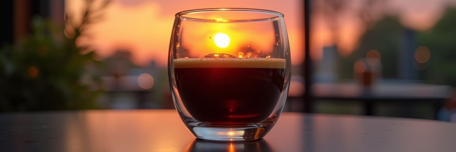 A glass of espresso placed on a table, reflecting a golden sunset in the background, symbolizing the balance between work intensity and relaxation.