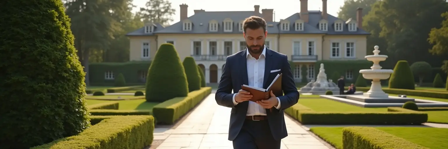 A professional estate manager in a tailored navy suit walks through the manicured gardens of a grand luxury estate, reviewing property details in a leather-bound planner. The estate features sculpted hedges, a classical fountain, and a stately mansion in the background.