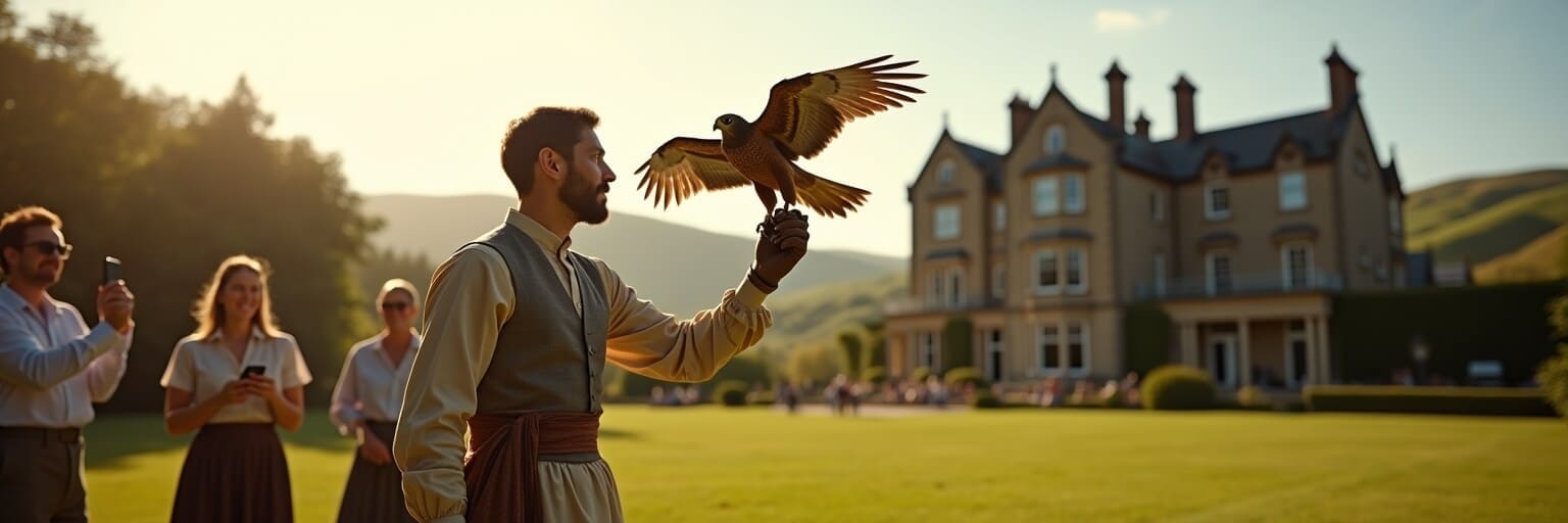 A skilled falconer in traditional attire holding a majestic falcon on a gloved hand, with well-dressed guests watching in the background. The setting is a grand countryside estate with rolling green hills and a luxury manor, bathed in warm golden sunlight.