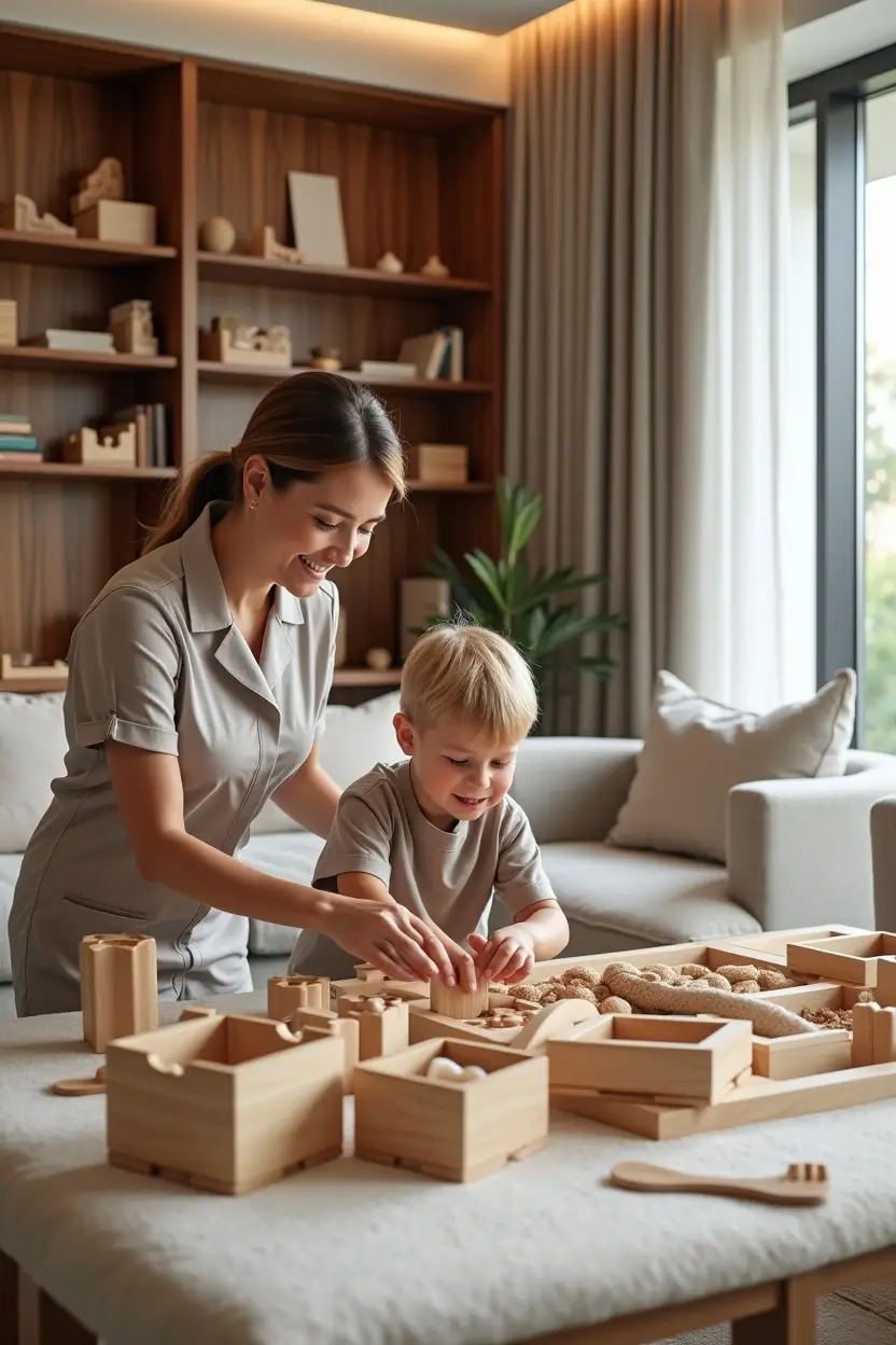 A professional nanny in a luxury living room engaging a young child in a Montessori-inspired learning activity. The child explores wooden educational toys, while the nanny provides guidance. The elegant space features soft lighting, modern decor, and a curated bookshelf.