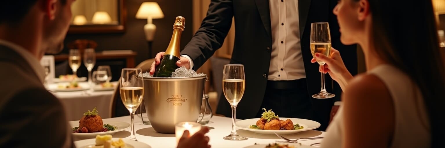 "A refined waiter in a luxury fine-dining restaurant elegantly presenting a bottle of premium champagne from an ice bucket. A well-dressed couple raises their glasses in a toast, enjoying a gourmet meal under warm candlelight. The ambiance is sophisticated, with crystal glassware, white table linens, and a high-end dining experience.