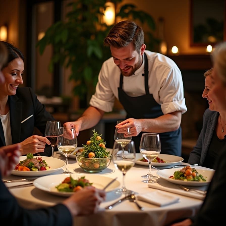 A smiling chef in a high-end luxury restaurant presenting a farm-to-table dish to elegantly dressed guests. The table is set with fine white linen, wine glasses, and beautifully plated gourmet meals made with fresh, organic ingredients. The ambiance is warm, with candlelight and lush greenery enhancing the upscale dining experience.