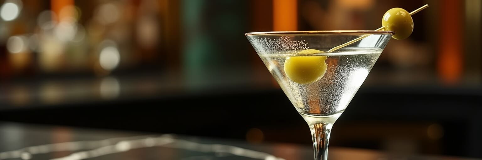 Hyper-realistic close-up of a perfectly crafted classic martini in a crystal-clear, long-stemmed martini glass. The glass sits on a black marble bar top with subtle gold veining. Background shows a blurred, luxurious bar interior with soft focus on Art Deco-inspired design elements. The martini is crystal clear, with a single perfect olive on a golden cocktail pick. Condensation delicately forming on the glass exterior. Soft, dramatic side lighting creating depth and highlighting the liquid's transparency.