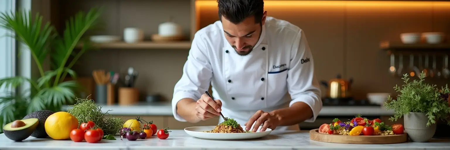 "A highly skilled private chef in a modern, state-of-the-art luxury kitchen, meticulously plating a gourmet dish. Fresh organic ingredients, including avocados, tomatoes, and herbs, surround him, showcasing precision, artistry, and an exclusive fine dining experience for an ultra-high-net-worth household.