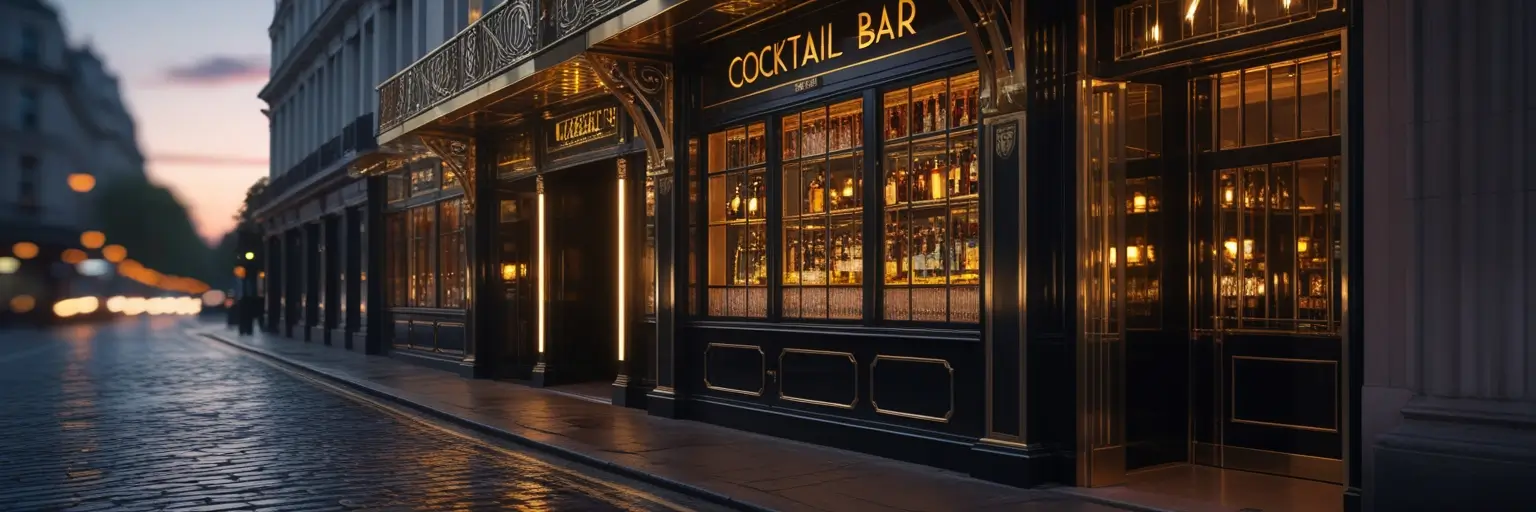 Elegant cocktail bar exterior at twilight, with black and gold storefront, large glass windows, warm golden lighting, and reflective cobblestone street in London