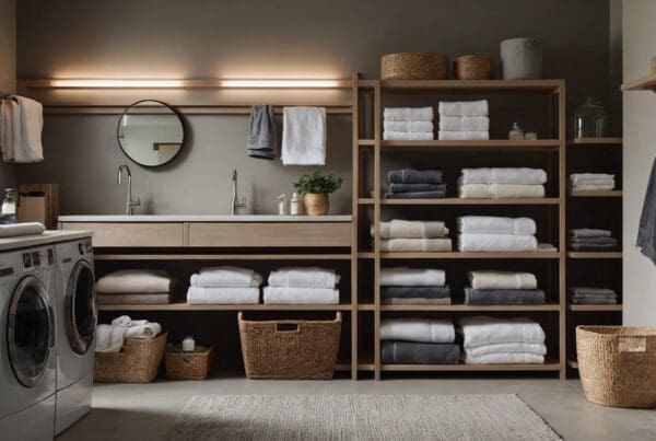 A modern high-end laundry room with neatly stacked towels, labelled storage boxes, and eco-friendly cleaning products arranged on open shelves. Neutral colour palette, soft lighting, professional and tidy