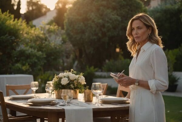 A poised woman in a smart dress checks final details at an outdoor dinner setup in a private estate, capturing the essence of a modern Estate or House Manager overseeing event preparations.