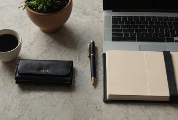 Overhead view of a premium workspace on a marble surface, featuring a black leather wallet, a gold-accented pen, a closed leather-bound notebook, a white coffee cup, a potted plant, and a laptop. The layout is minimal and elegant, evoking a high-end, organised assistant’s desk in a luxury household setting.