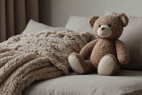 Soft brown teddy bear sitting on a beige bed with a chunky knit blanket and neutral-toned pillows in a cosy children's bedroom setting.