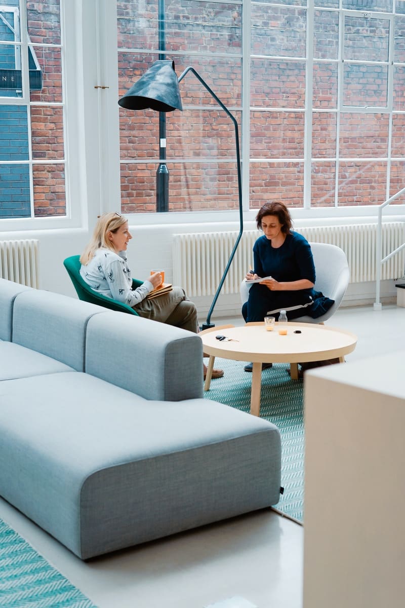 deux femmes sont assises sur des chaises de canapé à l'intérieur de la maison