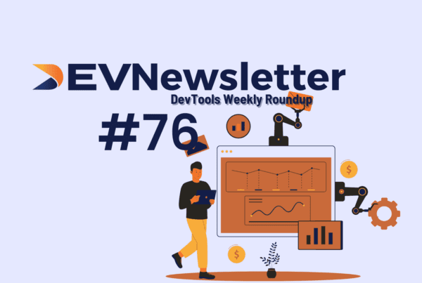 DEVNewsletter DevTools Weekly Roundup #76. A digital illustration featuring a person using a tablet, a robotic arm, and a computer screen displaying graphs and charts, representing AI and automation in developer tools.