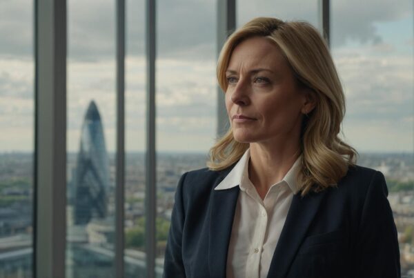A confident mid-career female solicitor in a navy suit stands in front of a large window overlooking the London skyline, with the Gherkin building visible in the background. She looks thoughtful and composed, conveying ambition and professionalism.