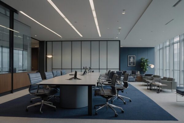 Modern UK law firm office interior with a long boardroom table, ergonomic chairs, desktop monitors, floor-to-ceiling windows, and a lounge seating area in a minimalist, professional setting.