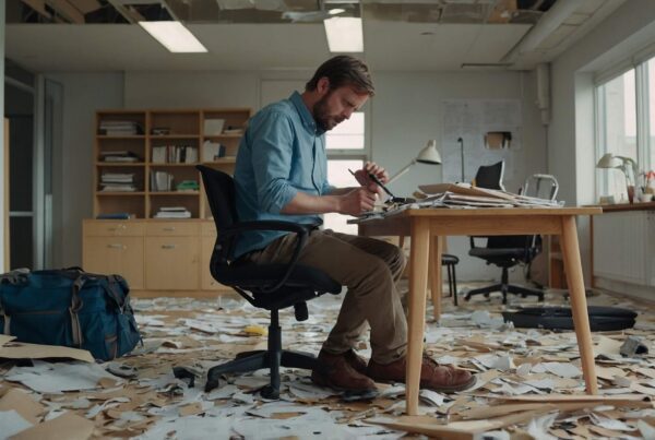 A frustrated man in smart-casual office clothes sits at a cluttered desk in a chaotic office, surrounded by scattered paper and tools. He appears to be struggling to assemble something, symbolising a DIY approach gone wrong.