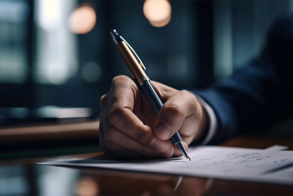 Focused businessman signs documents in corporate meeting